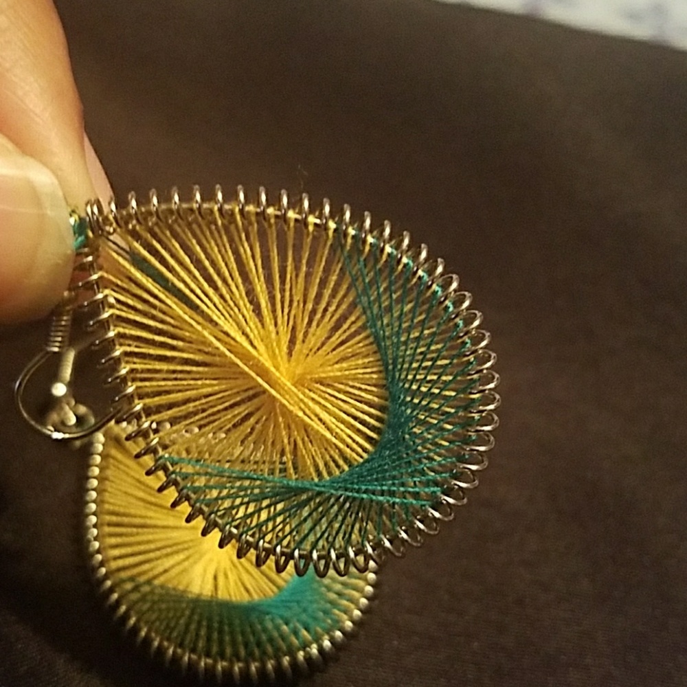 Yellow & teal green boho earrings teardrop - Picture 3 of 3